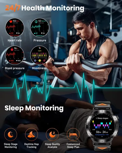 Miniatura 8 de Reloj inteligente militar con GPS para hombre con llamada Bluetooth, AMOLED de 1.43 pulgadas, batería de 730 mAh/linterna, 3 ATM impermeable, más