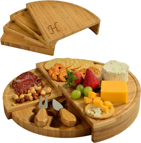 Miniatura 9 de Tabla Picnic at Ascot de bambú, para aperitivos, con herramientas para queso, espirales de una cuña compacta de 13 pulgadas de diámetro, patentado