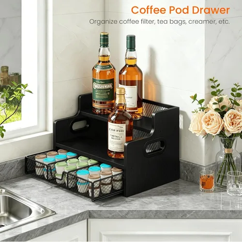 Miniatura 6 de Homode Estante organizador de jarabe de café, soporte para jarabe de 3 niveles con cajón de almacenamiento de tazas de 35 K, capacidad de 8