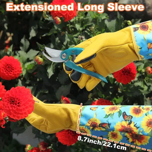 Miniatura 3 de DLY Guantes de jardinería para mujeres, guantes para rosas resistentes a espinas, guantes largos de jardín para mujeres, guantelete de cuero vacuno