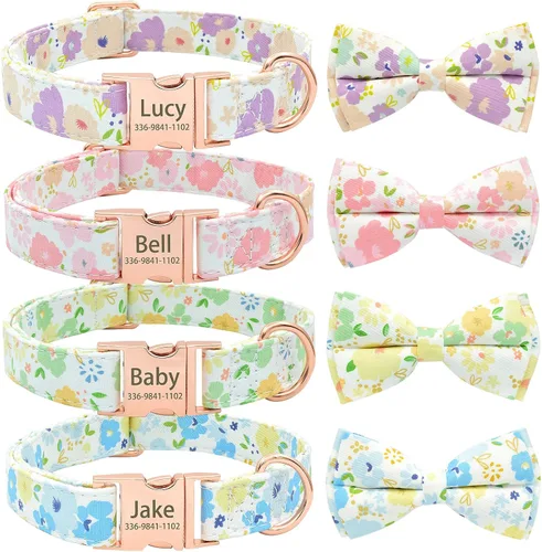 Miniatura 2 de Collar de perro con bonito lazo personalizado con nombre, collar floral personalizado con hebilla dorada grabada para perras pequeñas, medianas