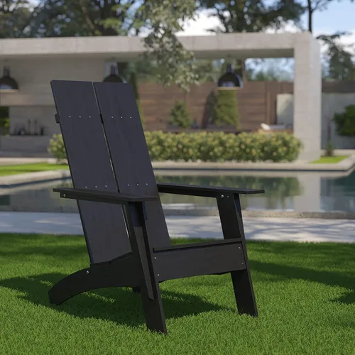 EMMA + OLIVER Silla de patio estilo Adirondack para interiores y exteriores con respaldo de doble listón, color negro