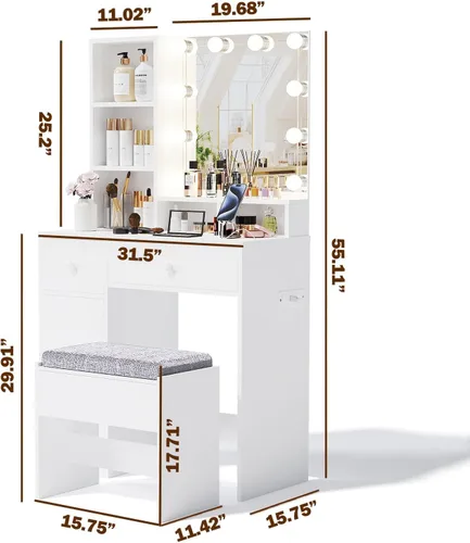 Miniatura 8 de Escritorio de tocador con espejo, luces y tira de corriente, tocador pequeño para espacios pequeños, mesa de maquillaje moderna con 4 cajones