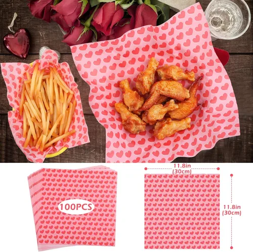 Miniatura 2 de GeeRic Hojas de papel encerado para delicatessen, 100 unidades, forro de cesta de comida para el día de San Valentín para sándwiches y papas fritas