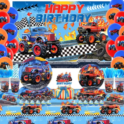 KEFAN Suministros para fiesta de cumpleaños de Monster Truck, juego de decoraciones de fiesta de camión monstruo que incluye telón de fondo, platos,