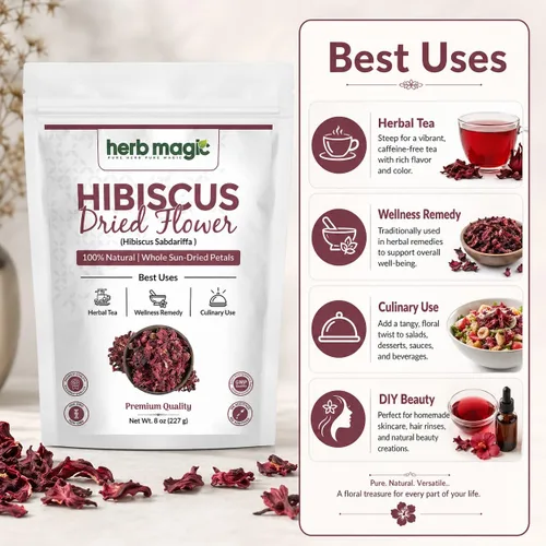 Miniatura 4 de Flores secas de hibisco perfectas para té y agua fresca mexicana, flor de jamaica, flores enteras y pétalos Herbmagic