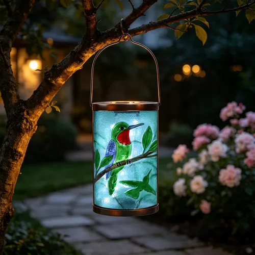 Miniatura 13 de Farol solar para exteriores, impermeable, colgante, luces solares de cristal de pájaro azul, faroles decorativos para exteriores, patio, césped