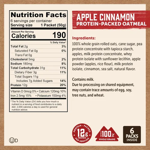 Miniatura 3 de Kodiak Cakes Paquetes de avena instantánea, manzana y canela, alto contenido en proteínas, 100% granos integrales, 6 cajas con 6 paquetes cada una
