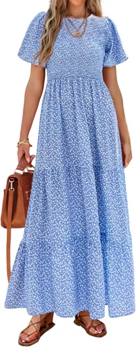 Miniatura 16 de PRETTYGARDEN - Vestido largo casual de verano para mujer, manga corta acampanada, bohemio, floral, cuello redondo, vestido blusón, escalonado
