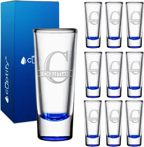 Miniatura 69 de Vaso de chupito personalizado con fondo verde azulado personalizado de 2 oz, vasos de chupito cordial con inicial en script dividido y nombre