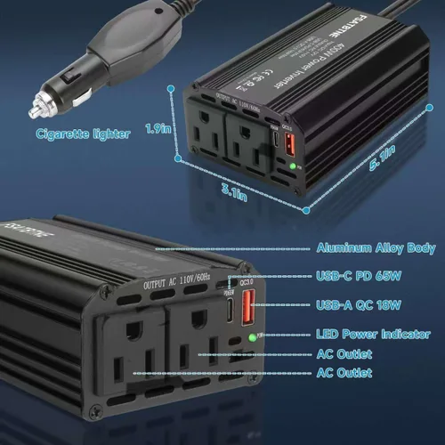 Miniatura 4 de Inversor de Potencia de 400W, FSATBTNE DC 12V a 110V AC Adaptador de Enchufe de Coche Convertidor de Salida con [65W PD USB-C] y [18W QC USB-A]