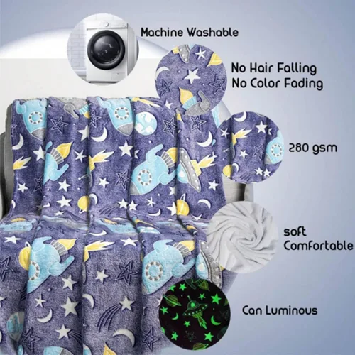 Miniatura 6 de Manta de cohete que brilla en la oscuridad, manta espacial de nave espacial luminosa, luna y estrellas, regalos para niños pequeños y niñas