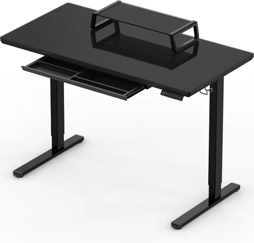 Miniatura 4 de SHW Escritorio eléctrico de cristal de pie ajustable de 48 x 24 pulgadas, escritorio motorizado con elevador de monitor, cajón extraíble, ajustes
