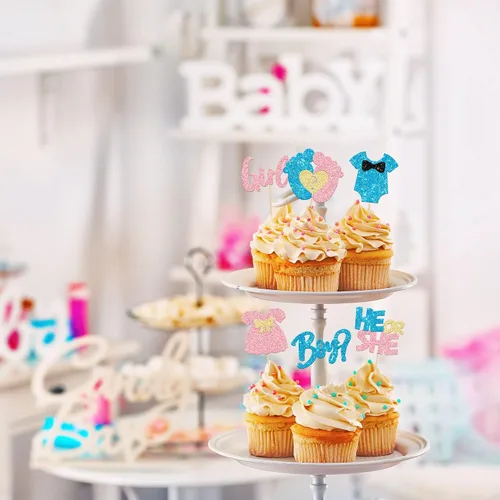 Miniatura 6 de 24 piezas de decoración para cupcakes para niños o niñas, pies con purpurina, vestido de revelación de género, selecciones de cupcakes, decoraciones