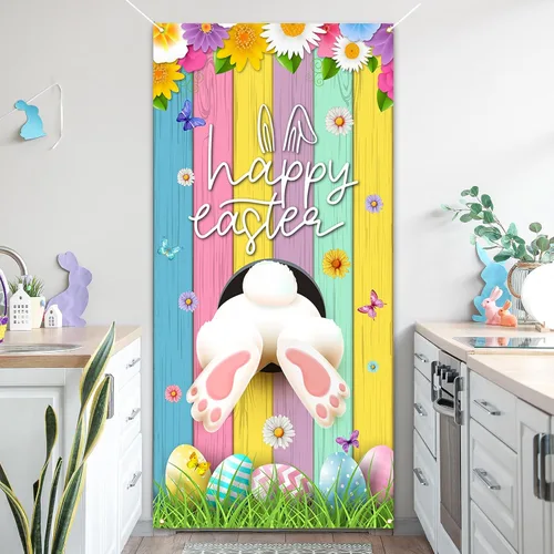 Miniatura 4 de Cubierta de puerta de Pascua, decoración de conejo, huevo y conejo, decoración de margaritas, pancarta de puerta, decoración de granja