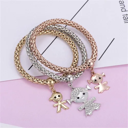 Miniatura 5 de Pulseras multicapa con dijes de cristal, 3 unidades, oro y plata, oro rosa, pulsera elástica en forma de corazón para mujer, árbol de la vida