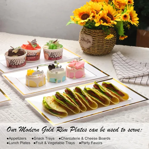 Miniatura 5 de Uiifan 30 bandejas de plástico para servir a granel, borde de oro blanco, elegante, rectangular, desechable, mesa de postre de plástico, bandejas