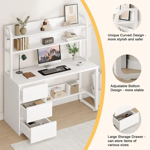 Miniatura 6 de MaverickFurni Escritorio blanco con gabinete, escritorio de computadora de 55 pulgadas con 3 cajones para dormitorio, escritorio de estudio