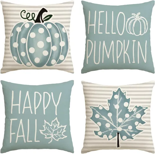 AVOIN colorlife Juego de 4 fundas de almohada con texto en inglés "Happy Fall Hello Pumpkin", 18 x 18 pulgadas, cosecha de Acción de Gracias,