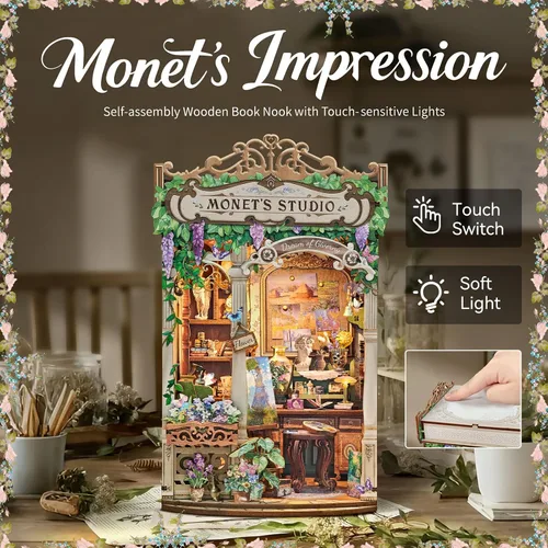 Miniatura 2 de Monet's Studio - Kit de rincón de libro con luz LED y cubierta antipolvo, kit de casa en miniatura para bricolaje, rompecabezas de madera 3D, kit
