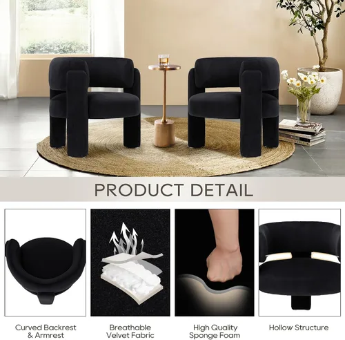 Miniatura 3 de COLAMY Silla decorativa moderna, sillas decorativas de terciopelo, sillas de barril tapizadas con patas de madera maciza, cómoda silla auxiliar