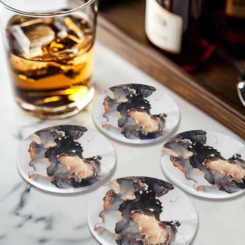 Miniatura 5 de Juego de 6 posavasos de cerámica abstractos de mármol negro con soporte para escritorio, salón, mesa de café, vino, bebidas, bar