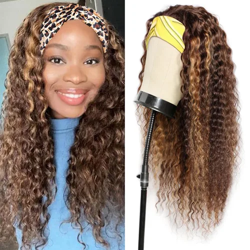 Miniatura 34 de Peluca de cabello humano con diadema de ondas profundas, sin pegamento, pelucas de cabello rizado sin encaje frontal, pelucas de cabello humano