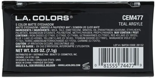 Miniatura 3 de L.A. COLORS Paleta de sombra de ojos mate de 5 colores, Teal Argyle CEM477