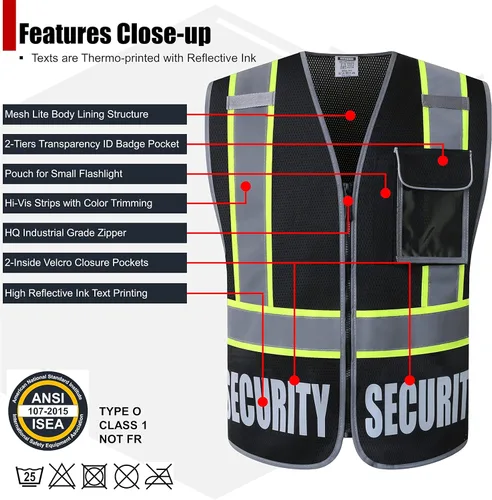 Miniatura 3 de Chaleco de Seguridad para Hombres y Mujeres Chaleco de Seguridad Reflectante con 5 Bolsillos y Cremallera Frontal Chaleco de Malla de Alta Negro