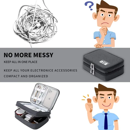 Miniatura 3 de MIRLEWAIY Estuche organizador de cables de viaje de doble capa, accesorios electrónicos, bolsa de transporte para cables de carga, adaptador USB