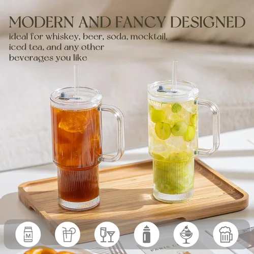 Miniatura 5 de KEMORELA Paquete de 2 vasos de vidrio acanalado de 26 onzas con asa y tapa, grandes tazas de café helado estéticas con pajitas, tazas de vidrio