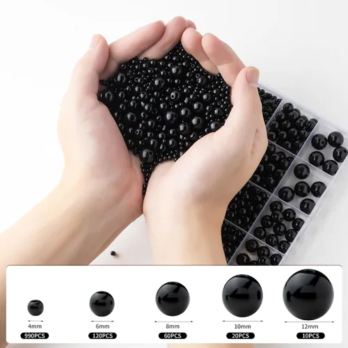 Miniatura 2 de 1200 piezas de cuentas negras, cuentas de acrílico tipo pony, cuentas redondas lisas de 4/6/8/10/12 mm para pulseras, cuentas espaciadoras de perla
