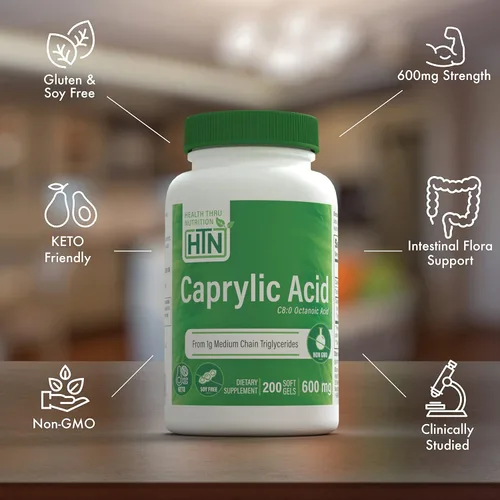 Miniatura 3 de Health Thru Nutrition Ácido caprílico 600 mg 200 cápsulas blandas Ácido octanoico C8 de aceite MCT puro de 0.04 oz Sin OMG y sin soja Apoya