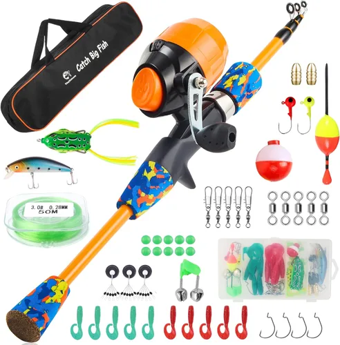 Juego de caña de pescar para niños, caña de pescar telescópica portátil y carrete combo completo para niños, niñas, principiantes, jóvenes Naranja