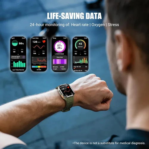 Miniatura 3 de Relojes inteligentes militares para hombres, reloj inteligente para Android iPhone con gran pantalla HD de 2.01 pulgadas, linterna, batería de 100