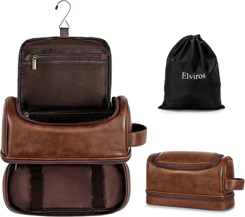 Miniatura 11 de Elviros - Neceser de aseo personal para hombre, organizador de viaje de cuero PU, con gancho para colgar, bolsas de afeitado para el baño de gran