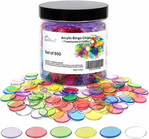 600 fichas de Bingbo de 3/4 pulgadas – Chips de conteo translúcidos con tarro portátil, 6 colores vibrantes para juegos educativos, actividades de