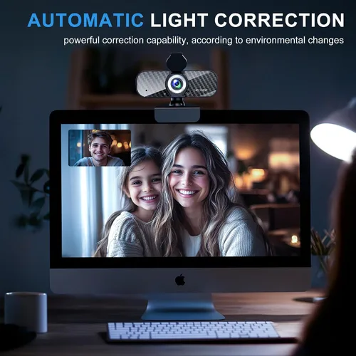Miniatura 4 de Webcam Full HD 1080P con micrófono incorporado y trípode giratorio, placa de fibra de carbono y cubierta de privacidad, corrección de luz