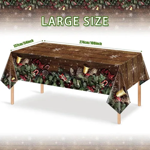 Miniatura 2 de Paquete de 3 manteles navideños con veta de madera marrón, cubremesas de plástico de madera con brillantina dorada de copos de nieve navideños