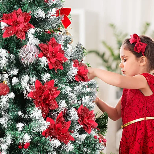 Miniatura 8 de Toyvian Flores de pascua artificiales con purpurina navideña, 12 adornos de flores para árbol de Navidad, decoración de fiesta de Navidad con 12 Rojo