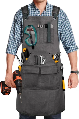 Delantal de carpintería para hombres, delantal de taller de lona de 20 oz con 9 bolsillos para herramientas, delantal de peto de trabajo de madera