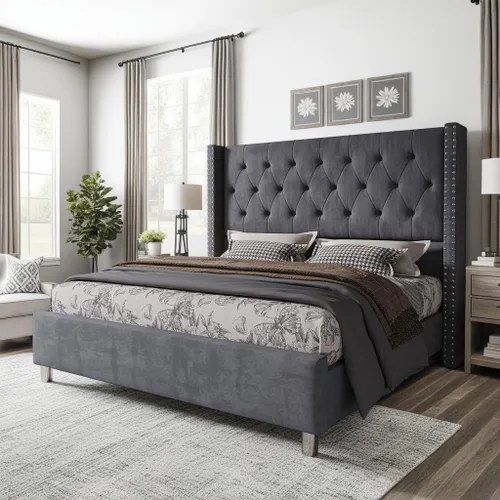 Miniatura 13 de Jocisland Armazón de Cama Queen Tapizada con Cabecero Wingback de Terciopelo Acolchado con Botones en Patrón de Diamante/No Necesita Somier/Fácil