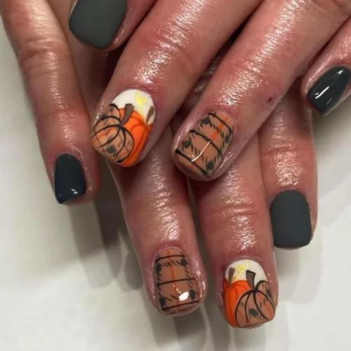 Miniatura 13 de Uñas postizas a presión de otoño, uñas postizas cortas cuadradas de MABKJLF con diseños de hojas de arce, pegamento brillante en uñas, uñas