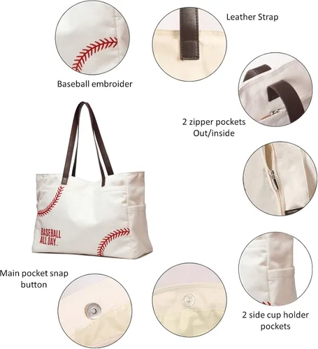 Miniatura 5 de Bolsa de lona de béisbol para mujer, artículos esenciales para madres deportivas, bolsa bordada de béisbol para mamá, béisbol de viaje, regalo