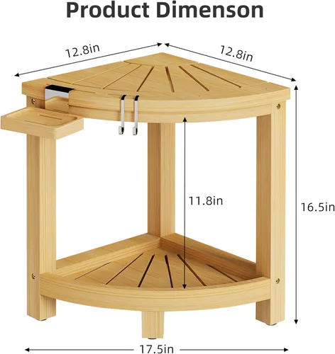 Miniatura 3 de Taburete de ducha esquinero de bambú de 2 niveles para afeitar piernas, banco impermeable con estante de almacenamiento y jabonera, reposapiés
