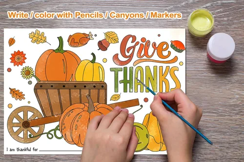 Miniatura 4 de PETCEE Manteles individuales para colorear de Acción de Gracias, 16 manteles individuales de doble cara de 14 x 10 pulgadas para niños