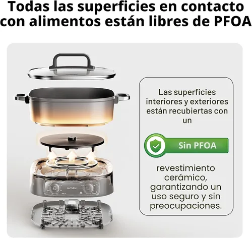 Miniatura 9 de Sartén eléctrica de 6 cuartos con parrilla Olla antiadherente con revestimiento cerámico libre de PFOA, 1600W, temporizador y 3 configuraciones