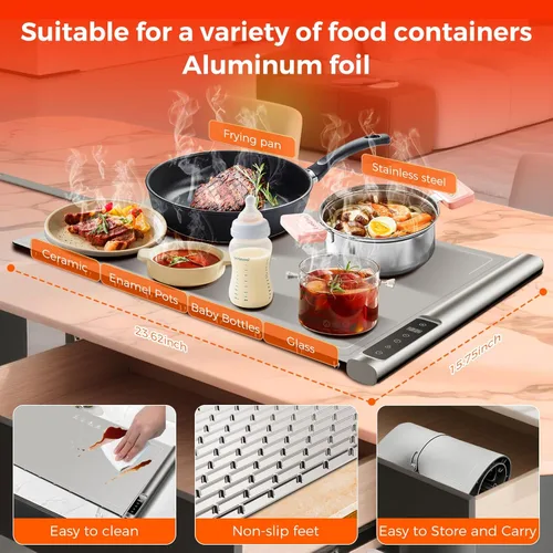Miniatura 6 de Tapete de calentamiento de alimentos Temperatura máxima de 248 ℉, bandeja de calentamiento eléctrica con temporizador y 8 niveles ajustables