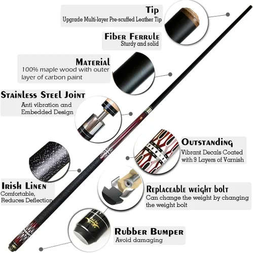 Miniatura 2 de Tai ba cues Palo de billar, punta de cuero multicapa de 13 mm, 58 pulgadas, envoltura de lino, palo de billar profesional de madera dura de arce B1