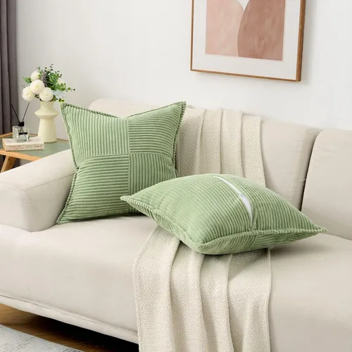 Miniatura 4 de HAUSSY Juego de 2 fundas de almohada decorativas de color verde salvia de 24 x 24 pulgadas, fundas de cojín de pana rayada suave y sólida, fundas